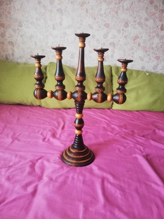 PRL stylowy świecznik 5-ramienny drewniany toczony OKAZJA