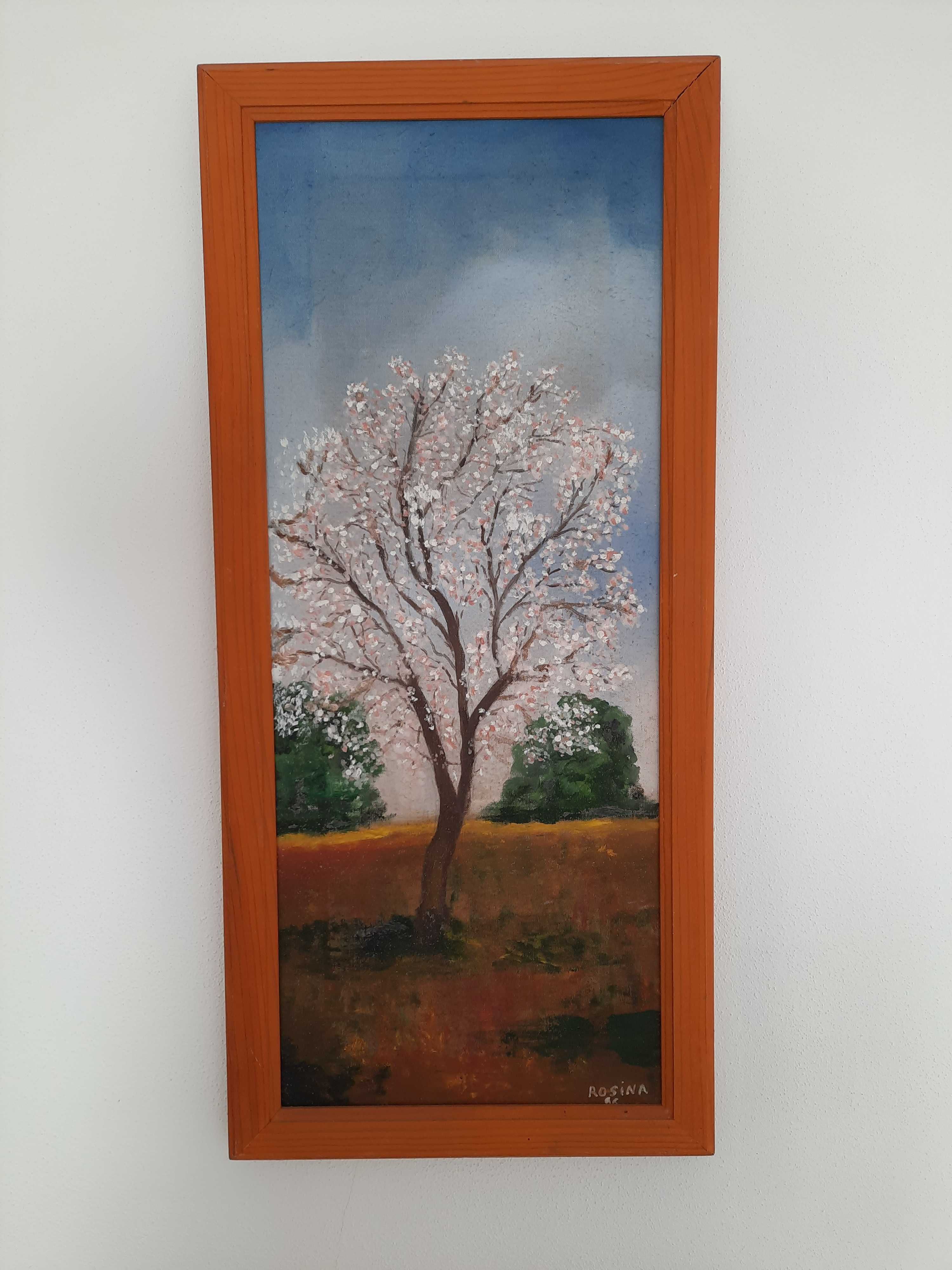 Pintura com quadro de madeira, oleo, 37x80cm