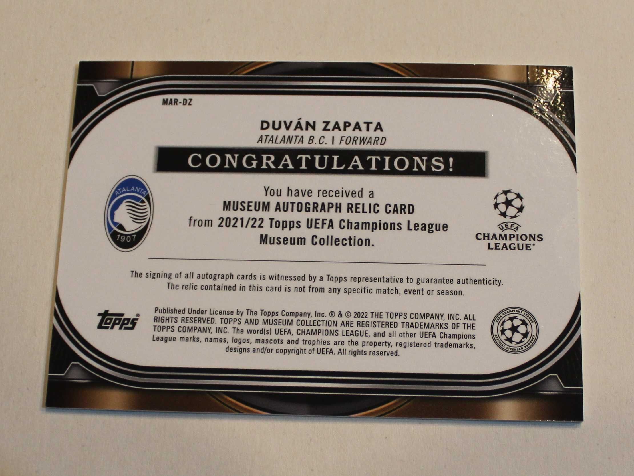 Karta autograf + koszulka Duvan Zapata Topps UCL Museum 2021/2022