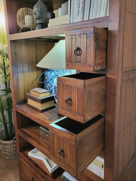 estante, livreiro, armario, bambu, oriental, rustico