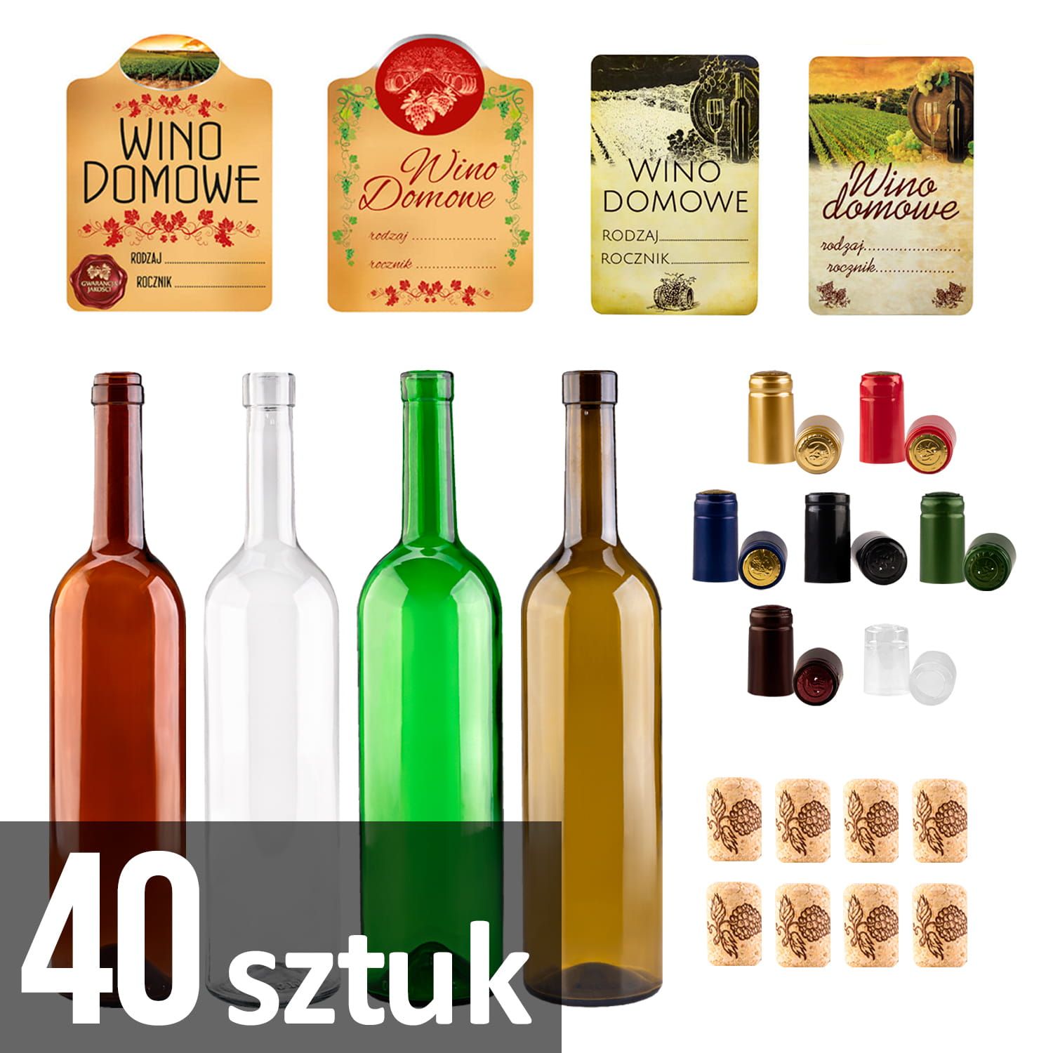 Zestaw 40 sztuk butelka bordeaux 750 ml + korki + etykiety + kapturki