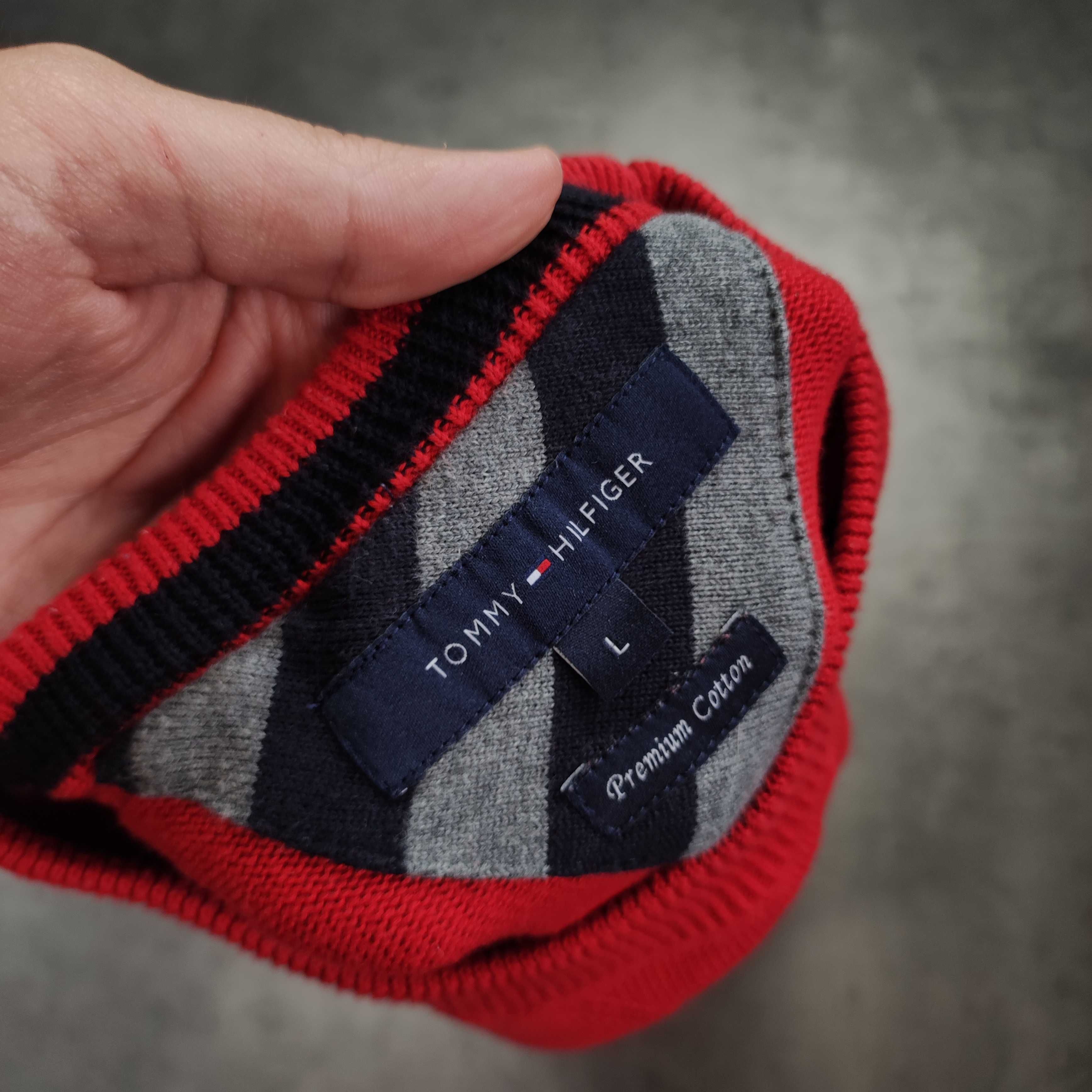 MĘSKI Elegancki Bawełniany Grubszy Sweter Czerwony Tommy Hilfiger Logo