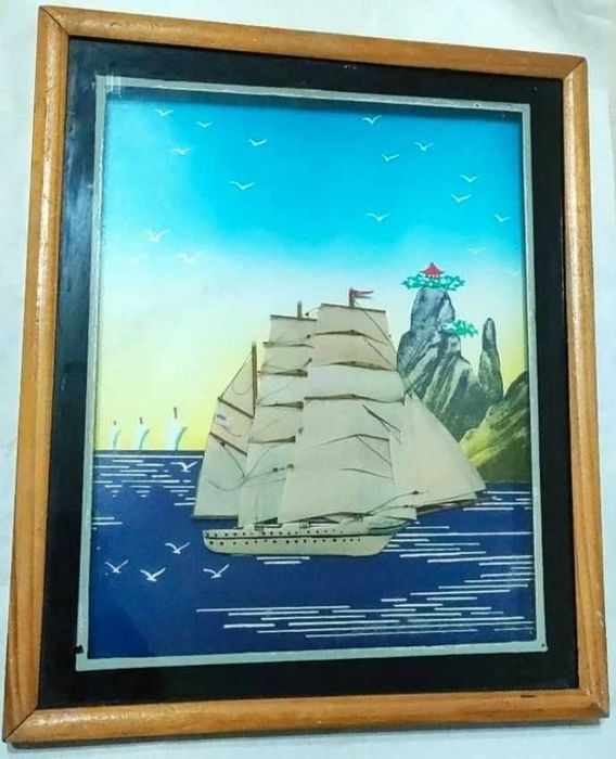 Quadro Decorativo com Navio em Relevo - Estilo Oriental