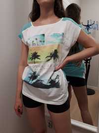 Wakacyjna letnia bluzka t-shirt transparentny tył palmy lato mgiełka