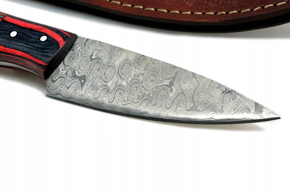 Nóż ręcznie wykonany bushcraft survival stal damasceńska skórzane etui