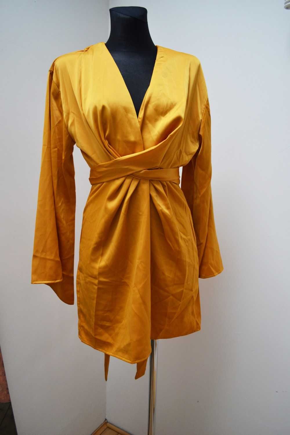 Nasty gal Sukienka M żółta musztardowa satynowa szeroki rękaw
