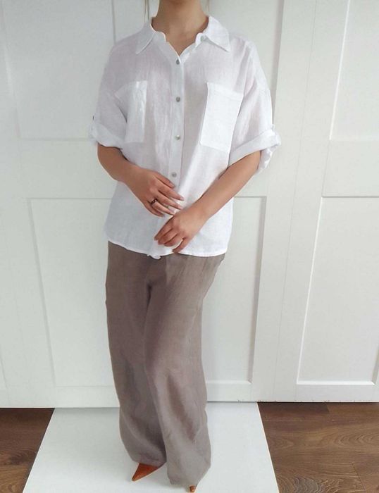 Nowa lniana biała koszula bluzka 100% len puro lino S M L uniwersalna