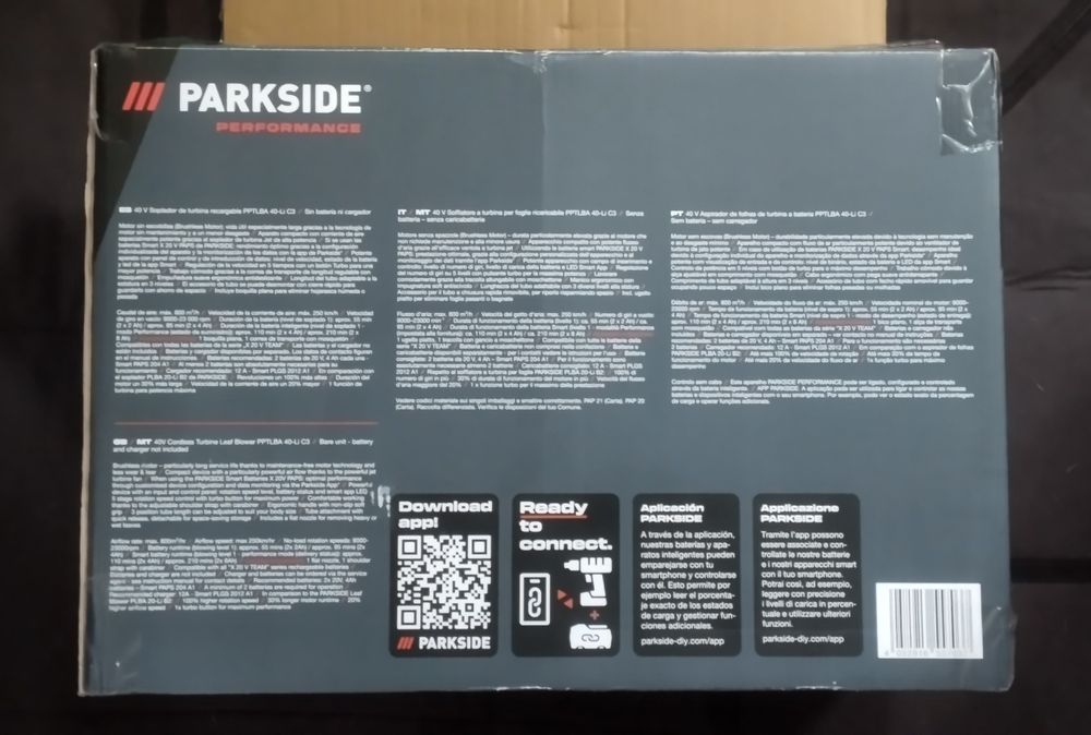 Soprador de folhas 40V Parkside Performance de turbina a bateria