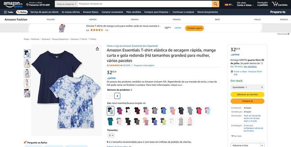 T-shirt Amazon Essentials 2 unidade Tam:M (108)