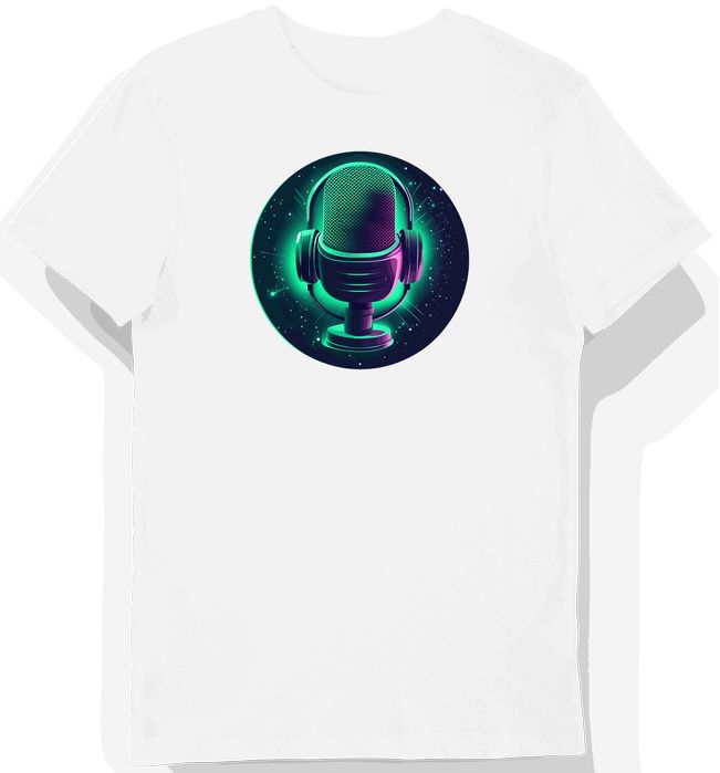 Koszulka męska biała z motywem zielonego mikrofonu gamingowego M