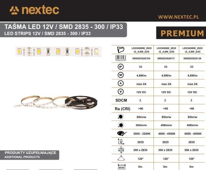 Taśma LED NEXTEC Premium SMD 2835 - 300 LED/IP33/biały zimny OKAZJA
