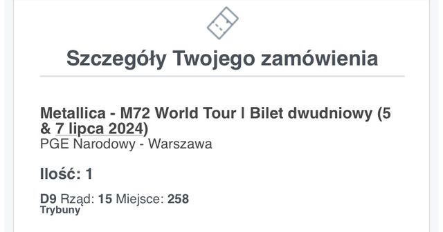 Metallica Warszawa PGE Narodowy bilet dwudniowy