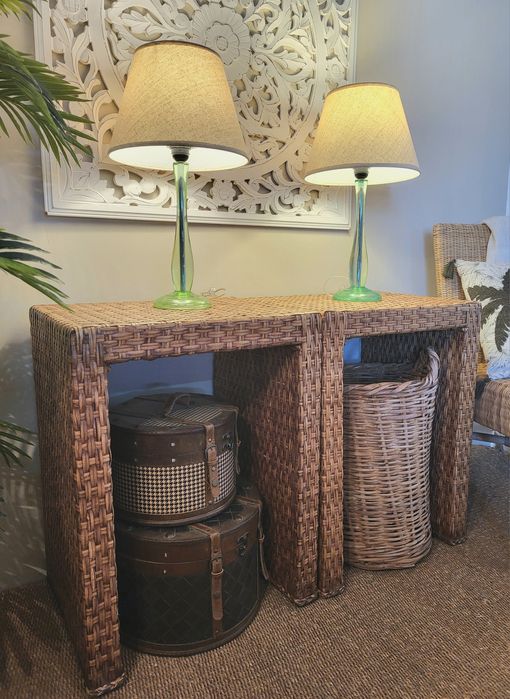 2 mesas, apoio, cabeceira, consola, rattan, verga, rustico