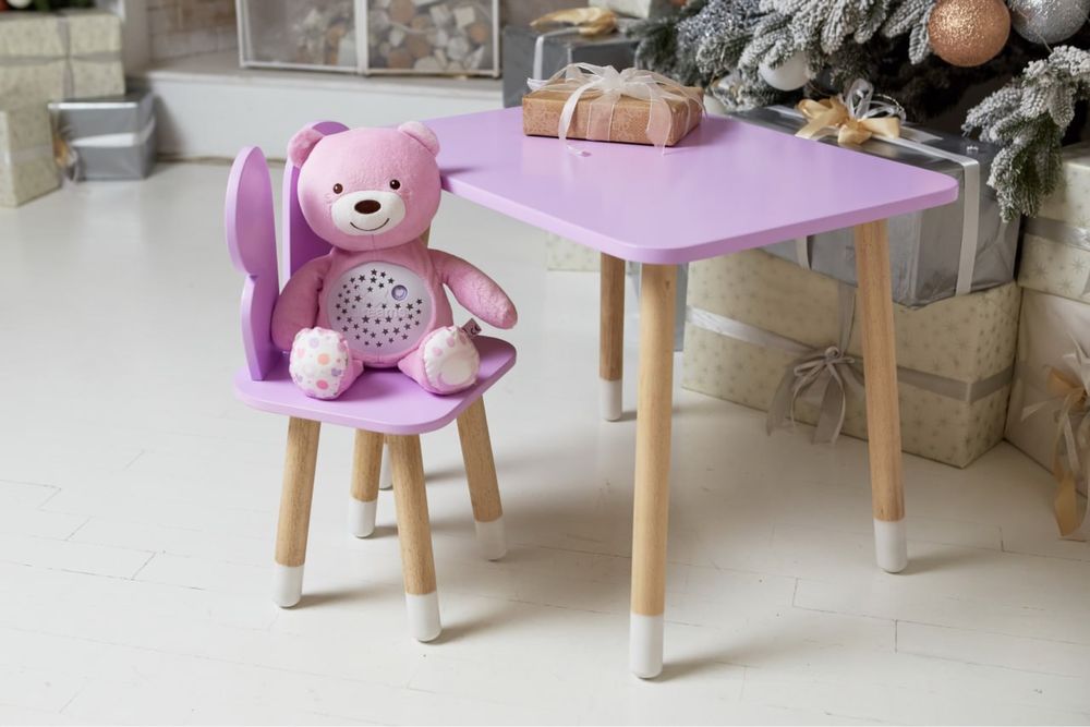 Дитячий фіолетовий прямокутний столик і стільчик метелик