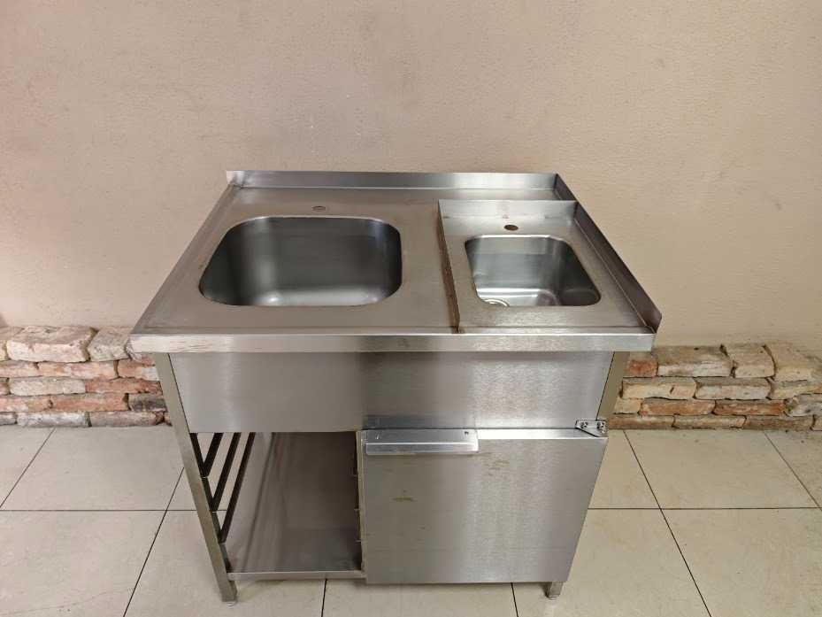 Zlew gastronomiczny 2-komorowy 90x70x90h z szafką i półką GN