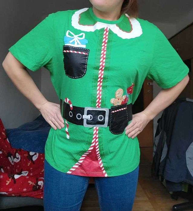 Zielona świąteczna koszulka przebranie kostium pani elf pomoc mikołaja