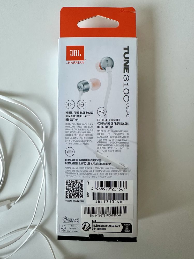 Słuchawki dokanałowe białe jbl tune 310c 310 c