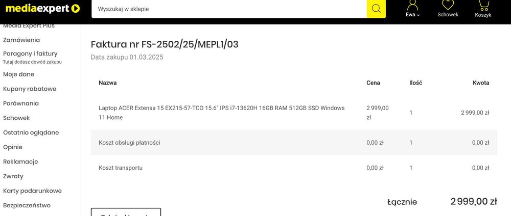 Laptop ACER Extensa 15  15.6" IPS i7 16GB RAM 512GB SSD  na gwarancji