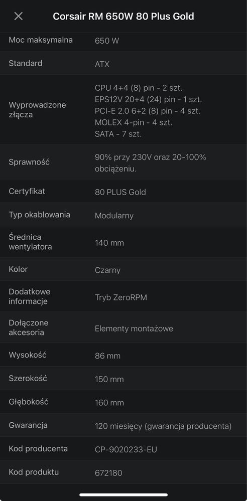 Zasilacz Corsair RM 650W 80 Plus Gold gwarancja do 2032