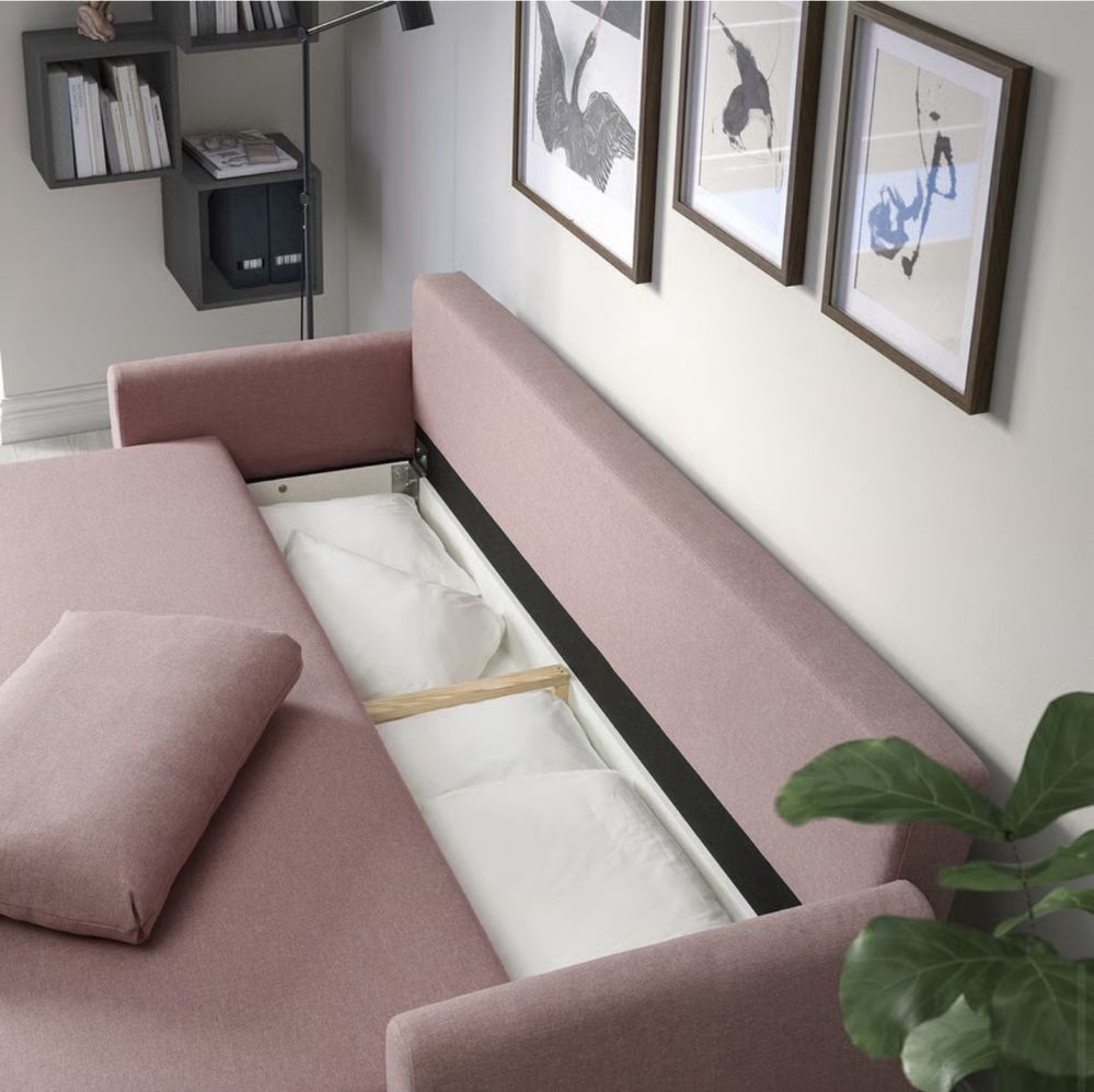 Kanapa sofa różowa z funkcją spania + 3 poduszki
