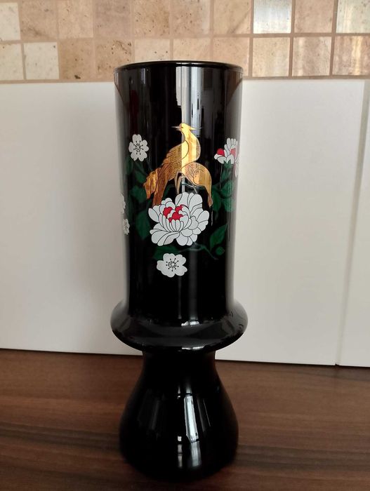 Wysoki wazon z czarnego szkła hialitowego z motywem pawia Vintage