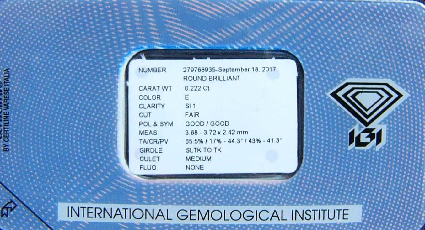 BRYLANT 0.222 ct Si1 E 3,72 mm Certyfikat IGI Diament