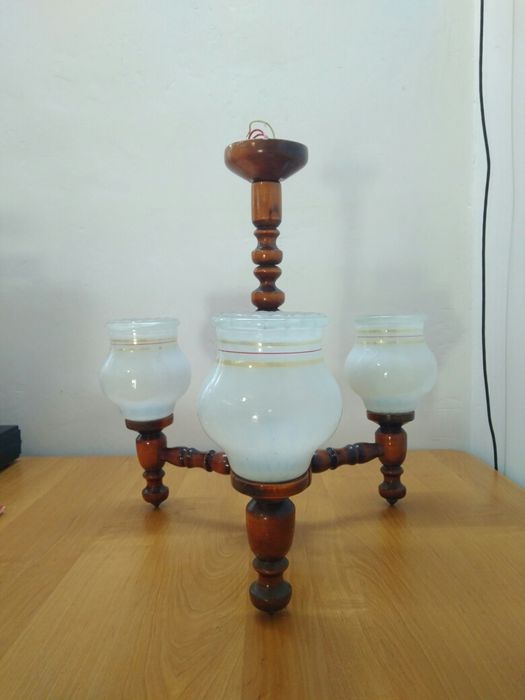PRL żyrandol vintage retro drewniany brązowy lata 60