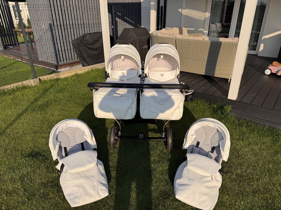 Wózek bliźniaczy Junama Duo Diamond Satin Mirror Rose Gold cały zestaw