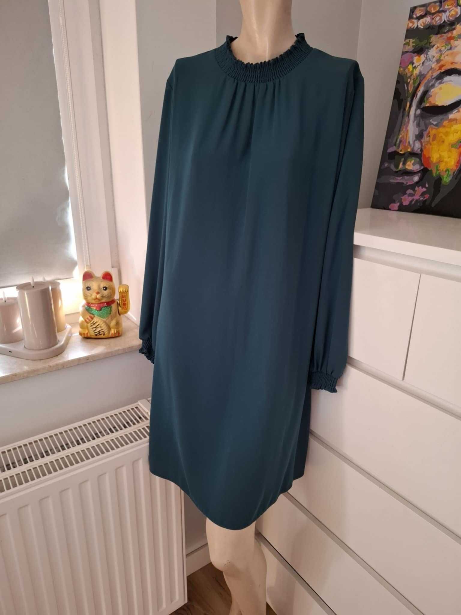 44 Dorothy Perkins ciemnozielona sukienka zielony butelkowy ze stójką