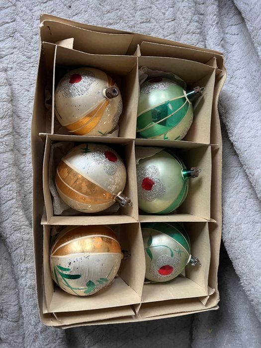 Stare Szklane Bombki Choinkowe z PRL zestaw 6 szt KOMPLET