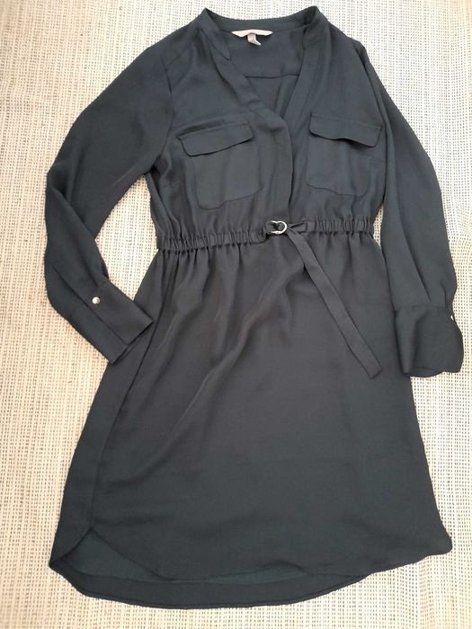 Vestido camiseiro azul-escuro midi de manga comprida