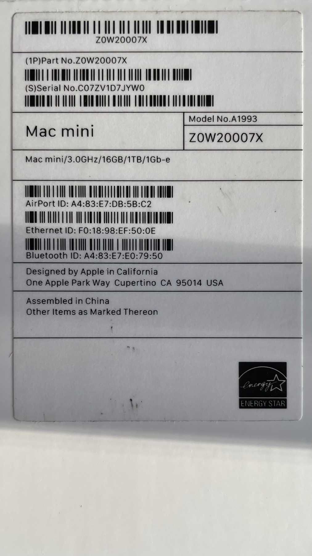 Mac mini  Core i5 3.0GHz/16GB RAM/1TB SSD Дата придбання: лютого 2020