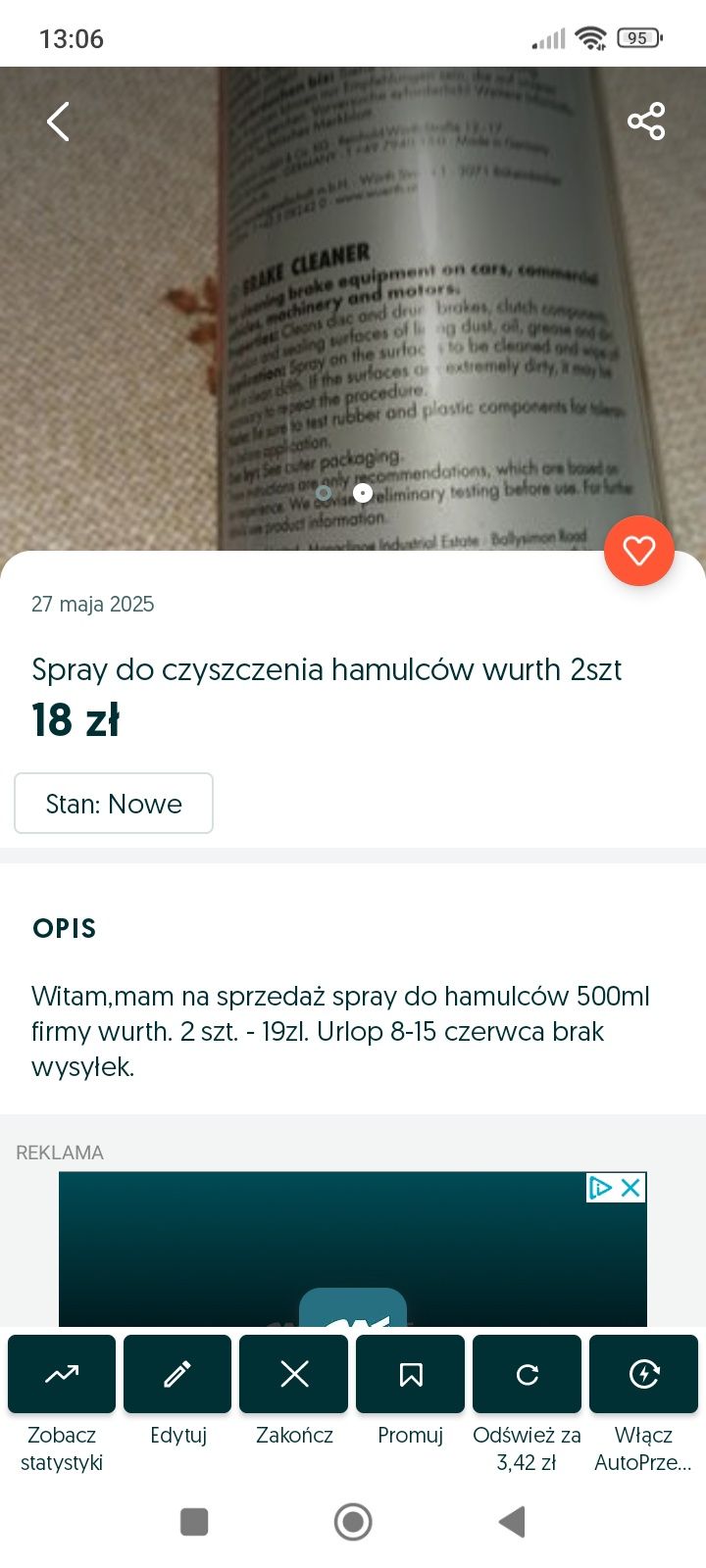 Spray do czyszczenia hamulców itp wurth 2szt