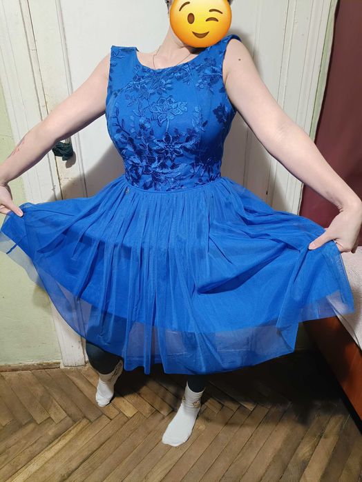 Кружевное синее платье Bicotone с юбкой-сеткой на змейке, размер 38