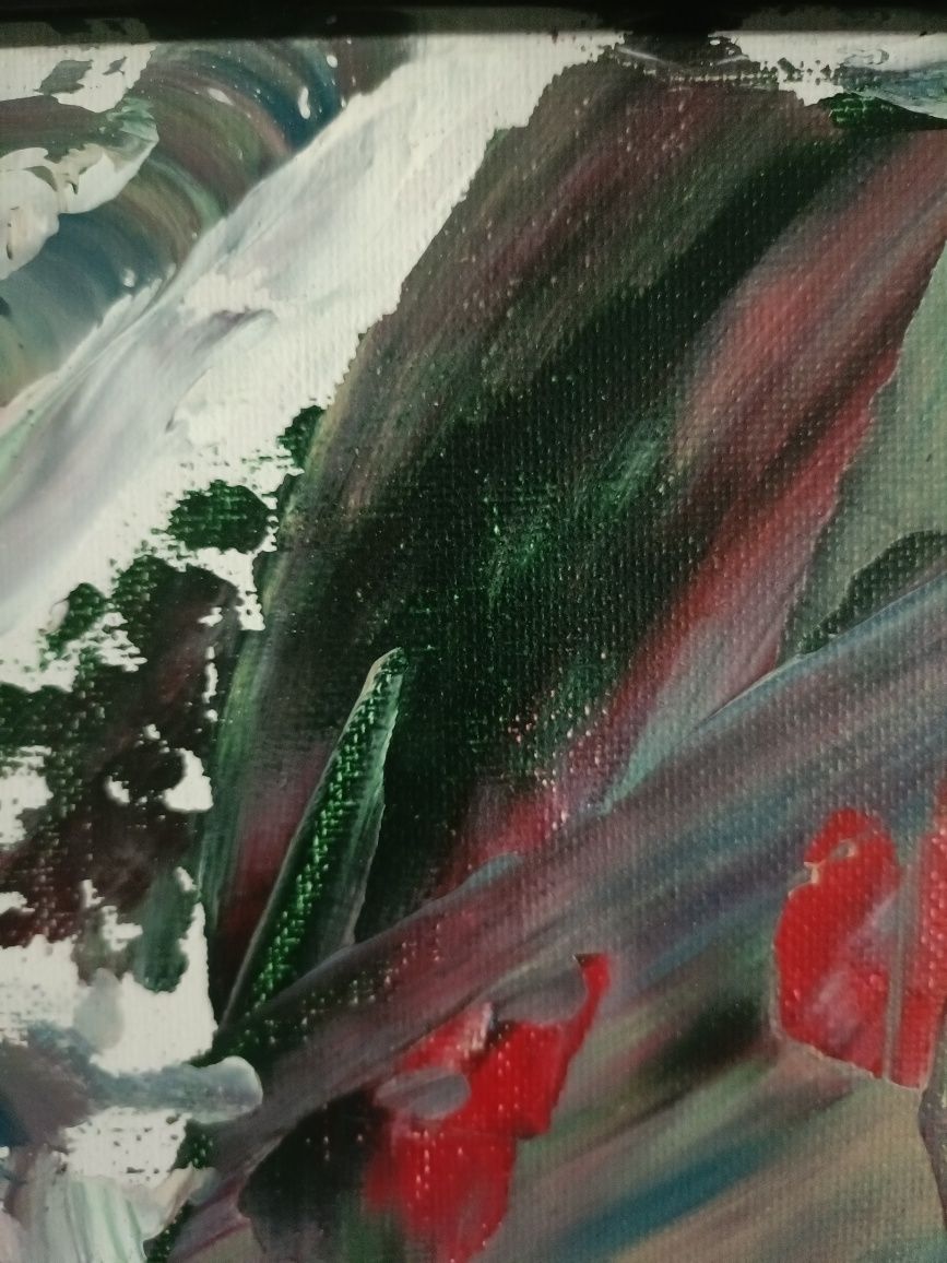 Abstrakcja akrylowa 30x30 w ramce kolory biel, turkus, czerwień