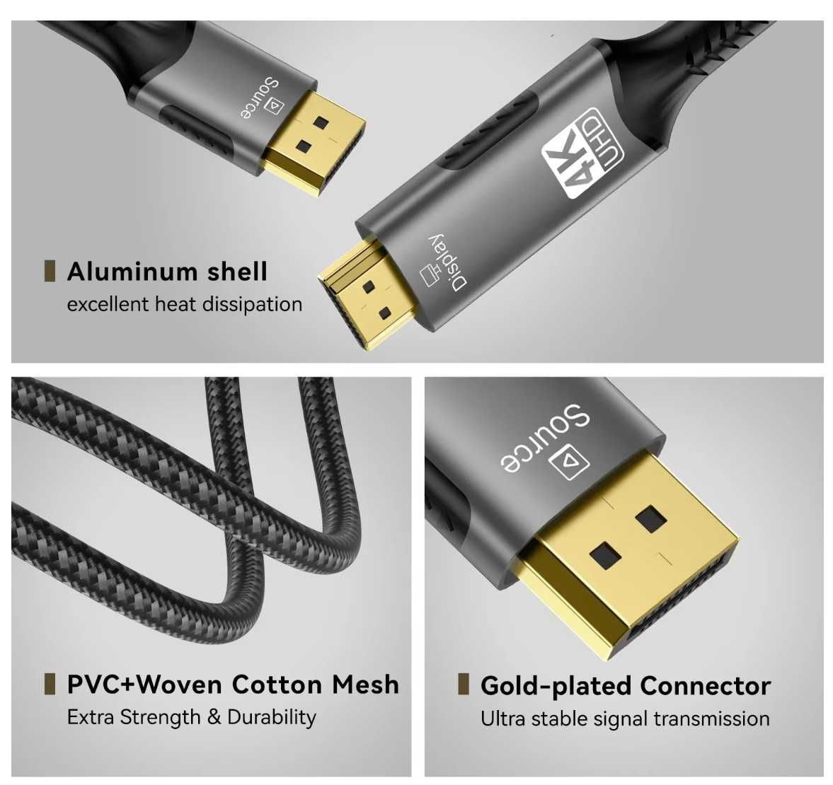 Кабель мультимедийный DisplayPort to HDMI 4K60Hz UltraHD 2 метра