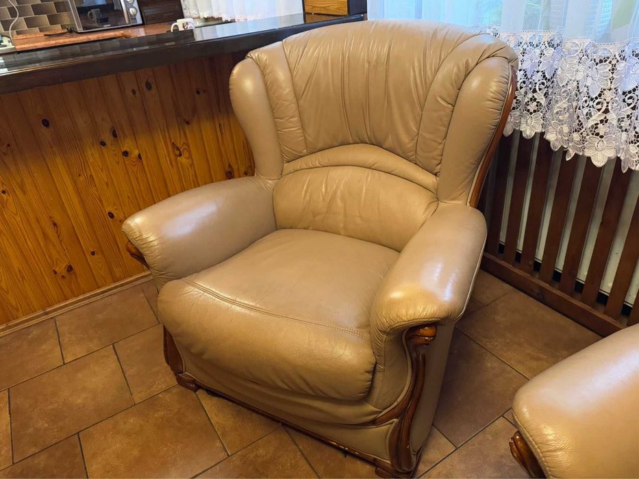 Meble skórzane drewniane komplet / sofa 3os 2os fotel stolik skóra