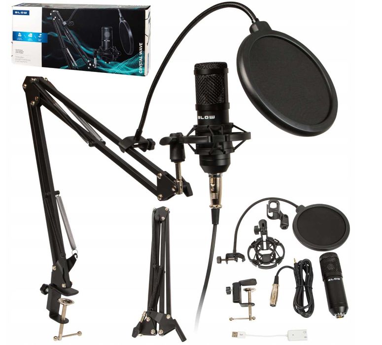 Czarny mikrofon do komputera gamingowy studyjny statyw USB zestaw
