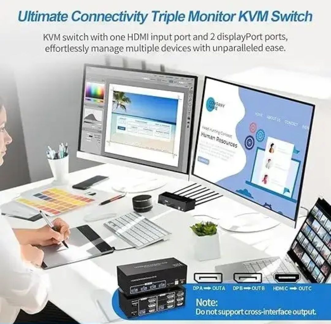 KVM-перемикач VPFET 8K на 3 монітори для 2 ПК HDMI і DP 4 USB 3.0 чорн