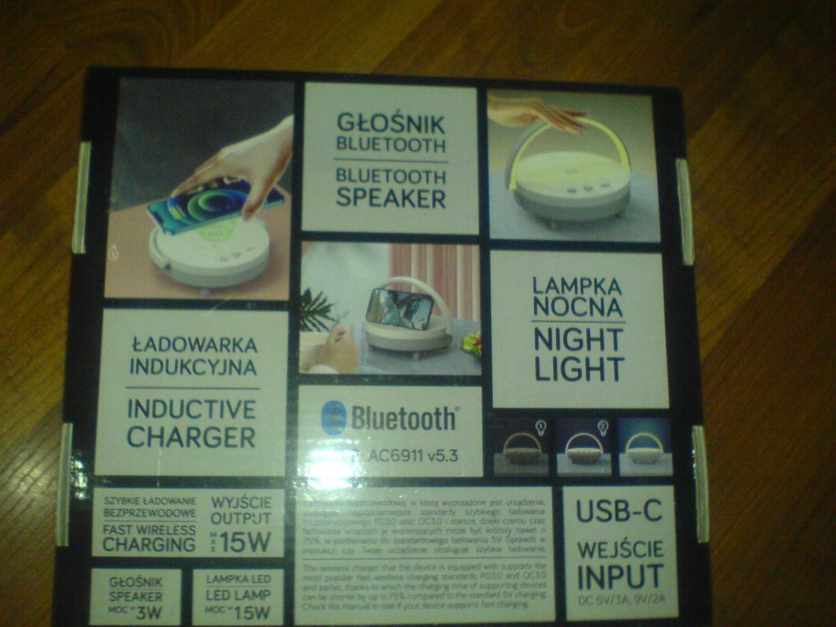 Ładowarka Indukcyjna Głośnik 3W Lampka Nocna led 15W NOWA Nieużywana