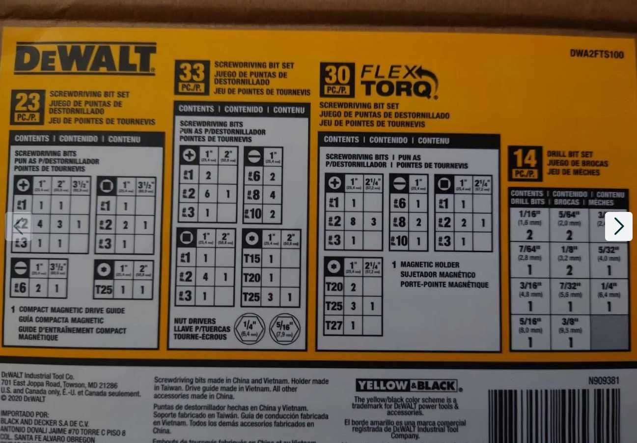 Набор ударных бит и сверл Dewalt DWA2FTS100 100шт. новый