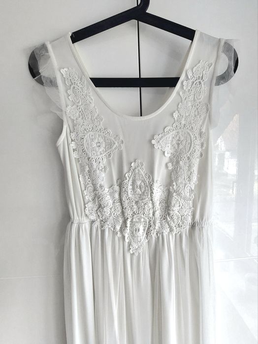 Vero Moda extra długa siateczkowa Sukienka piękny haft biała 38 _ M