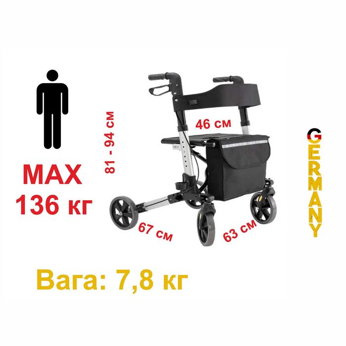 Ходунки KESSER: Легкі, ергономічні, підтримка до 136 кг