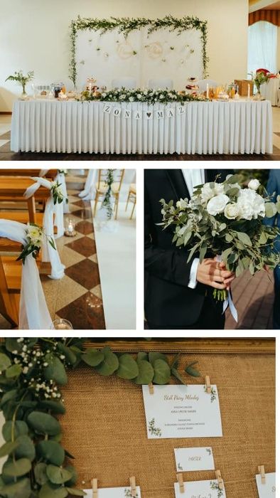 Dekoracje ślubne , plener ,Biały dywan, złote podtalerze , pokrowce na