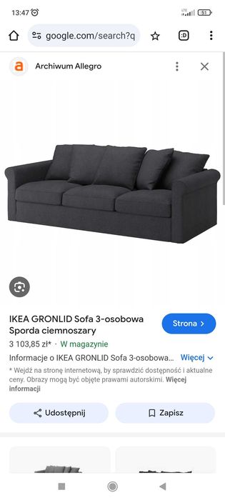 Sofa 3 osobowa IKEA GRONLID ciemnoszara. Stan Idealny !