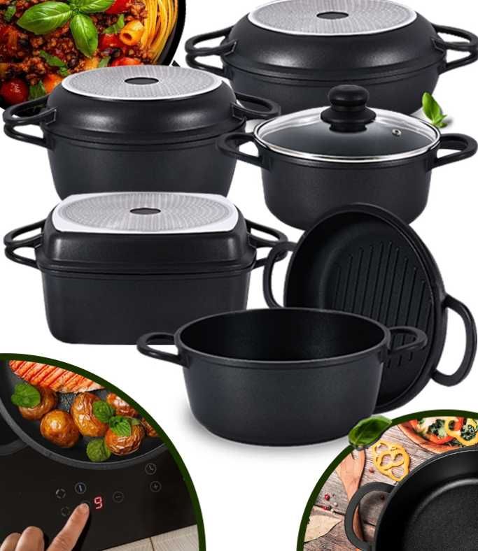 KOMPLET GARNKÓW Garnki INDUKCJA GAZ Patelnia Non-Stick 7 Elementów