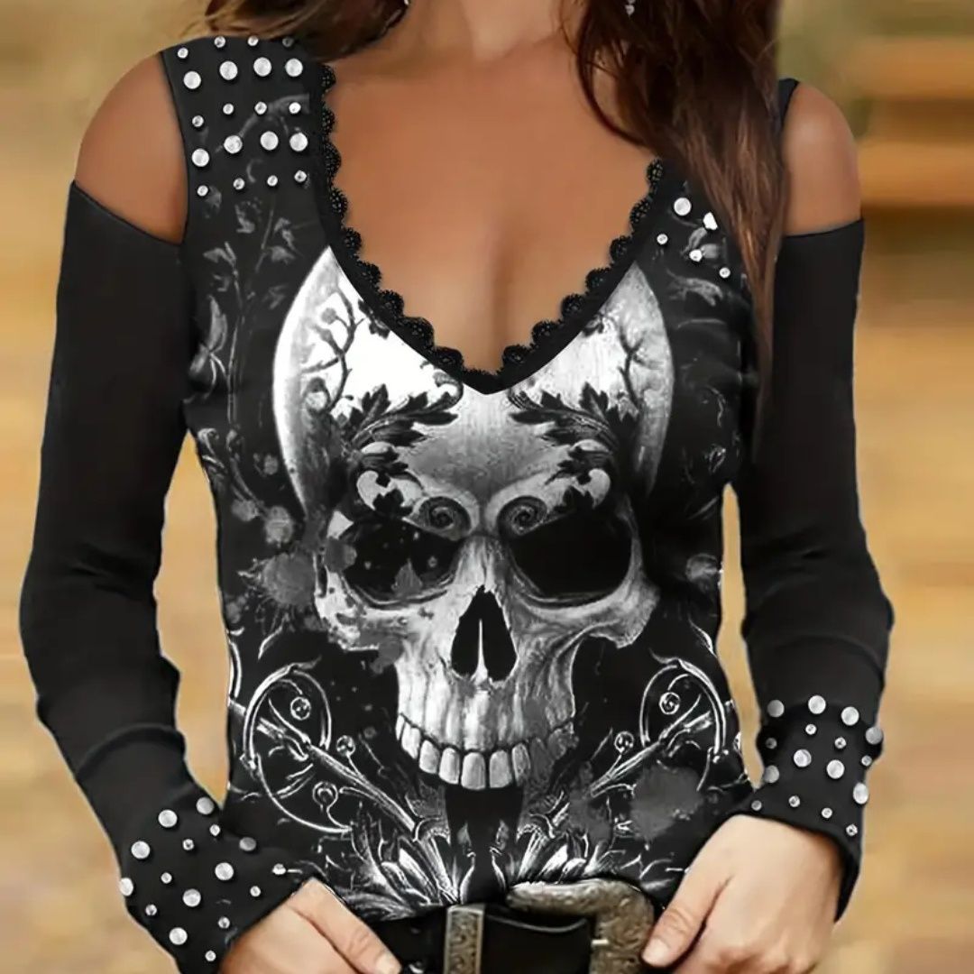 Blusa com decote em V e imagem de caveira