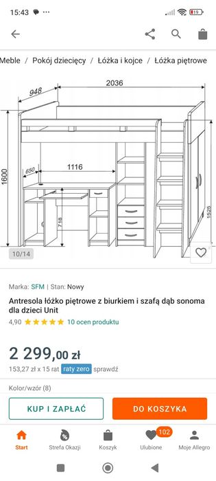 Łóżko piętrowe z biurkiem i szafą