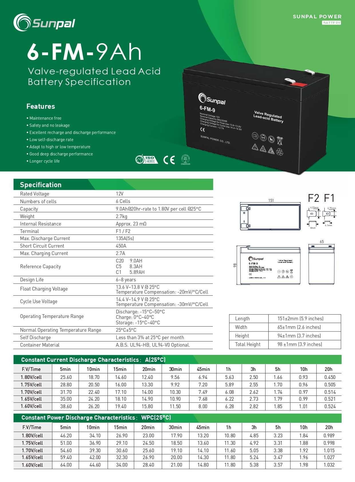 Акумулятор для дбж Sunpal 12V 9Ah  Gel VRLA Solar Battery