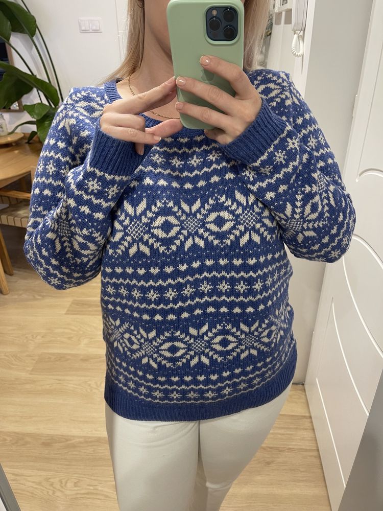 Wełniany sweter we wzory w norweskim stylu 100% wełna